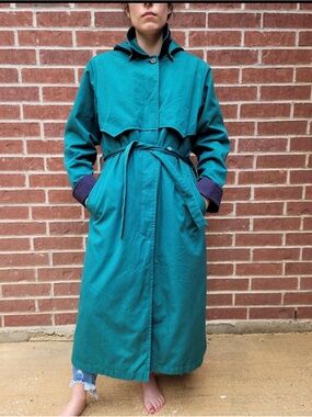 Vintage 1970s London Fog Maincoats Teal Hooded Belted Trench Coat 4P USA